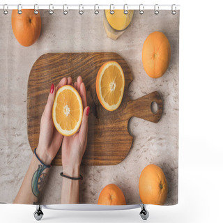 Personality  Cropped Image Of Woman Holding Orange Half In Hands Shower Curtains