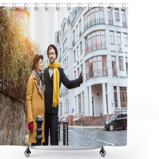 Personality  Young Beautiful Couple Catching Taxi On City Street Shower Curtains