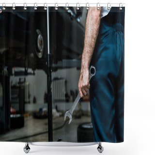 Personality  Cropped View Of Car Mechanic Holding Hand Wrench In Car Repair Station  Shower Curtains