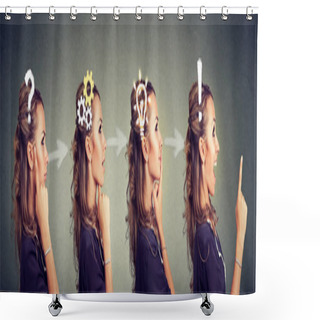 Personality  Sequence Of A Woman Thoughtful, Thinking, Finding Solution With Gear Mechanism, Question, Exclamation, Lightbulb Symbols.  Shower Curtains