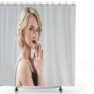 Personality  Blonde Young Woman Posing In Elegant Black Dress, Isolated On Grey  Shower Curtains