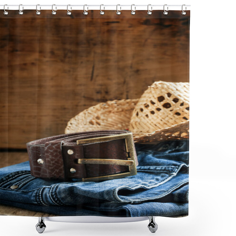 Personality  Jeans, Straw Hat, Leather Belt - Women's Clothes In Cowboy Country Style Shower Curtains