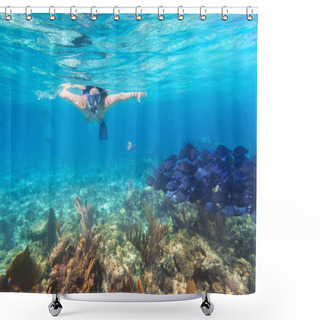 Personality  Young Woman Snorkeling In The Tropical Water Of Mexico Shower Curtains