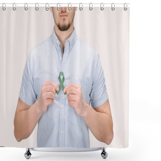 Personality  Partial View Of Man With Green Awareness Ribbon For Adrenal Cancer, Aging Research Awareness, BiPolar Disorder Isolated On White Shower Curtains