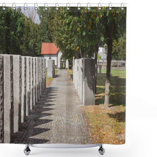 Personality  Cemetery With Memorial Gravestones Placed In Rows Under Tree  Shower Curtains