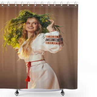 Personality  A Young Mavka In A Traditional White Dress Smiles Gracefully, Adorned With An Intricate Floral Wreath On Her Head. Shower Curtains