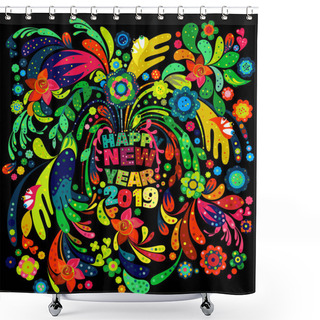 Personality  Colorful Creative Happy New Year 2019 Wishes With Intricate Floral Design Elements On A Black Background Shower Curtains