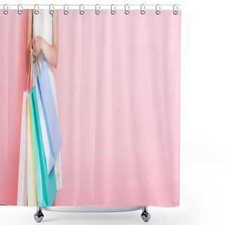 Personality  Panoramic Crop Of Young Woman Holding Shopping Bags On Pink  Shower Curtains