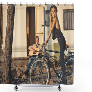Personality  Selective Focus Of Happy Girl With Bicycle And Man Playing Guitar Near Trailer Shower Curtains