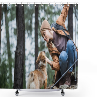 Personality  Cheerful Woman In Hat Cuddling Dog In Woods Shower Curtains
