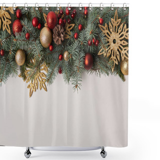 Personality  Top View Of Fir Twigs With Christmas Toys And Golden Snowflakes Isolated On White Shower Curtains