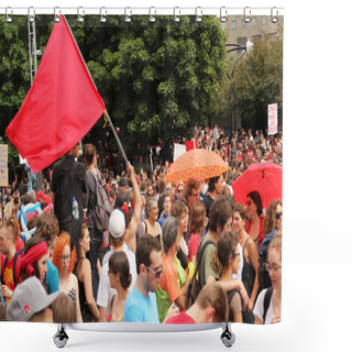 Personality  Red Flag In A Demonstration In Montreal Street Shower Curtains