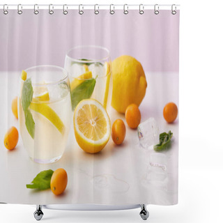 Personality  Two Glasses Of Lemonade With Mint Leaves, Ice Cubes And Lemon Slices Surrounded By Kumquats And Lemons On Purple Background  Shower Curtains