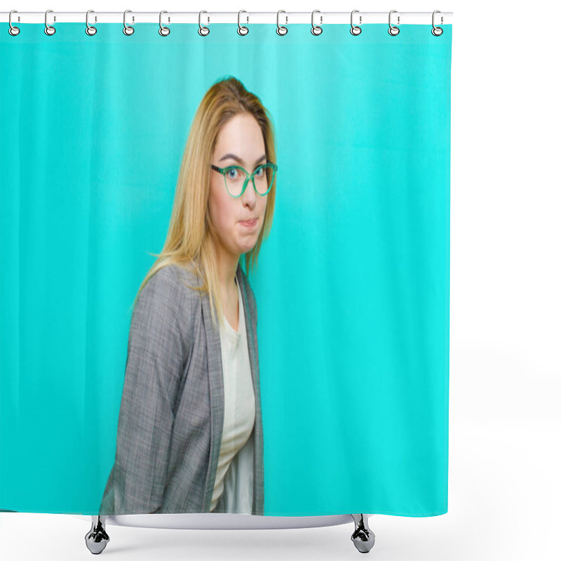 Personality  Young Pretty Blonde Woman With A Goofy, Crazy, Surprised Expression, Puffing Cheeks, Feeling Stuffed, Fat And Full Of Food Against Flat Wall Shower Curtains