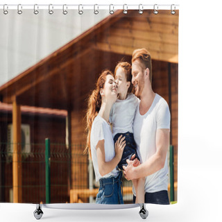 Personality  Beautiful Young Family Embracing In Front Of Wooden Cottage Shower Curtains