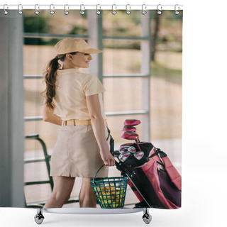 Personality  Side View Of Smiling Woman In Polo And Cap Carrying Golf Equipment At Golf Course Shower Curtains