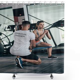 Personality  Back View Of Personal Trainer Controlling Attractive Sportswoman Exercising With Resistance Band Shower Curtains