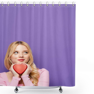 Personality  Dreamy Blonde Young Woman Holding Red Heart Shaped Box On Purple Background Shower Curtains