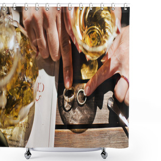 Personality  Cropped Daytime View Of Male And Female Hands Holding Wedding Rings With Fingers On Wooden Table By Glass And Pitcher Of Wine Shower Curtains