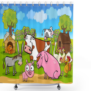 Personality  Cartoon Rural Scene With Farm Animals Shower Curtains