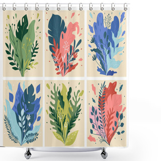 Personality  Foliage And Flora Design, Decorative Leaves And Blooming Flowers. Ornaments Of Twigs And Branches, Herbs And Herbarium. Evergreen Flowering And Floral Leafage. Houseplant Vector In Flat Style Shower Curtains