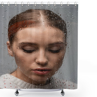 Personality  Sad Lonely Woman On Grey, Beyond Wet Glass With Drops  Shower Curtains