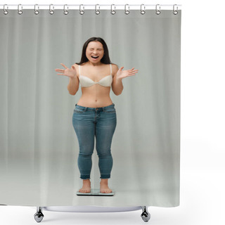 Personality  Upset Asian Overweight Girl In Jeans And Bra Standing On Scales And Screaming On Grey Shower Curtains