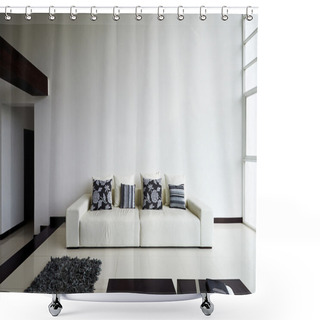 Personality  Interior Design Series: Modern Living Room With Big Empty White Shower Curtains