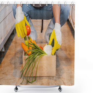 Personality  Cropped View Of African American Farmer In Gloves Holding Fresh Vegetables In Box In Greenhouse  Shower Curtains