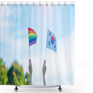 Personality  Hands Showing LGBTQ Rainbow And Korea Flag On Nature Background. Support Lesbian, Gay, Bisexual, Transgender And Queer Community And Pride Month Concept Shower Curtains