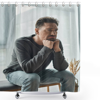 Personality  Sad And Bearded Man In Casual Home Wear Sitting On Bedroom Bench And Looking Away, Depression Shower Curtains