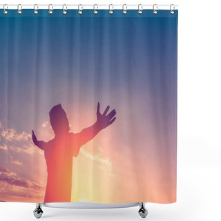 Personality  Feel Good Freedom And Travel Adventure Concept. Copy Space Of Happy Man Raise Hands On Sunset Sky With Sun Light Abstract Background. Vintage Tone Filter Effect Color Style. Shower Curtains