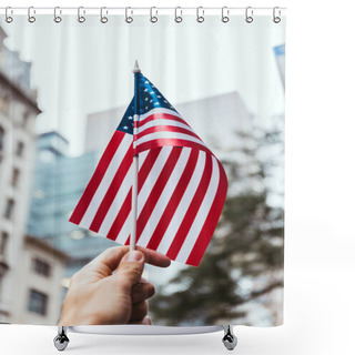 Personality  Cropped Shot Of Man Holding American Flag In Hand With Blurred New York City Street On Background Shower Curtains