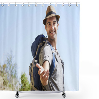 Personality  Helpful Hiker Offering A Hand Shower Curtains