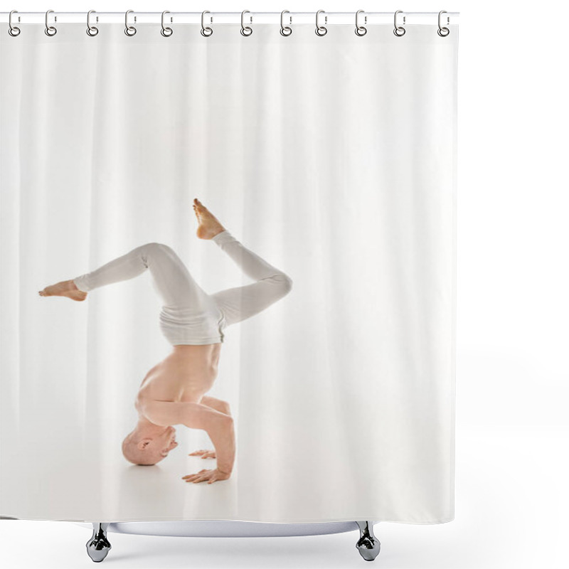 Personality  A Man Demonstrates Strength And Flexibility By Performing A Headstand. Shower Curtains
