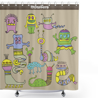 Personality  Set Of Multicolored Cartoon Monsters Against Grey Background. Vector Image Shower Curtains