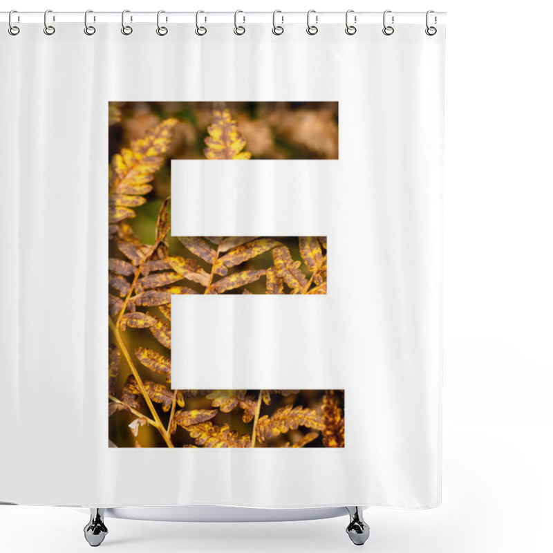 Personality  The letter E is cut from white paper with autumn fern leaves background, late autumn font or alphabet. Collection of decorative fonts. shower curtains