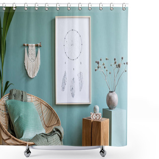 Personality  Stylish Minimalistic Interior Of Living Room With Design Rattan Armchair And Elegant Accessories. Eucalyptus Color Of Wall. Copy Space Shower Curtains