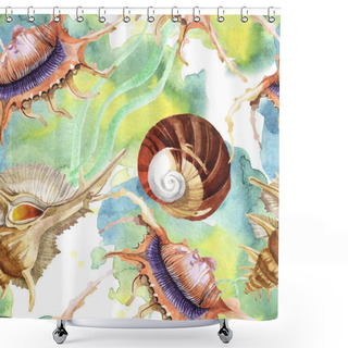 Personality  Seamless Background Pattern. Tropical Seashells With Green Seaweed. Watercolor Background Illustration Set.  Shower Curtains