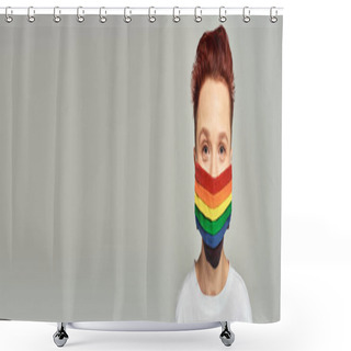 Personality  Portrait Of Redhead Queer Person In Rainbow Colors Medical Mask Looking At Camera On Grey, Banner Shower Curtains