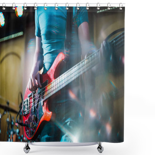 Personality  The Musician Plays The Electric Bass Guitar On Stage. Guitar Neck Close-up On A Concert Of Rock Music In The Hands Of A Musician.  Fingers On Fretboard. Guitar Neck Close-up On A Concert Of Rock Music In The Hands Of A Musician.  Fingers On Fretboard Shower Curtains