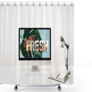 Personality  Computer With Fresh Lettering And Green Leaf On Monitor On Desk On White Background Shower Curtains