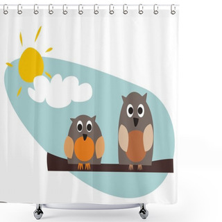 Personality  Funny Owls Sitting On Branch On A Sunny Day Vector Illustration Shower Curtains