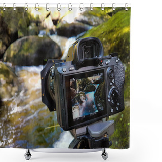 Personality  Camera On A Tripid Taking A Long Exposure Shot Of A River. Nobody Shower Curtains