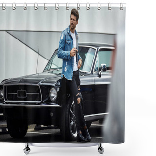 Personality  Handsome Man In Denim Jacket Posing With Black Classic Car Shower Curtains