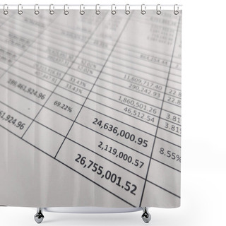 Personality  Selected Focused On Financial Account Report Sheet With The Figure Is In Malaysian Currency. Presented In Tabular Form To Facilitate Calculation And Management. Shower Curtains