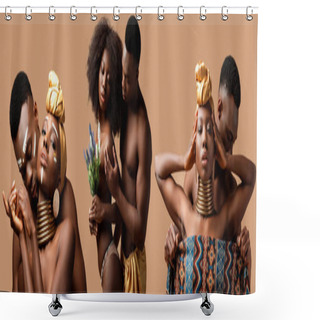 Personality  Collage Of Sexy Naked Tribal Afro Couple Posing Isolated On Beige Shower Curtains