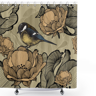 Personality  Seamless Floral Pattern With Bird Titmouse. Vector Illustration. Shower Curtains