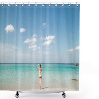Personality  PHUKET, THAILAND - DEC 20, 2015: Back View Of Woman In Bikini Looking Away While Standing On Coastline Shower Curtains
