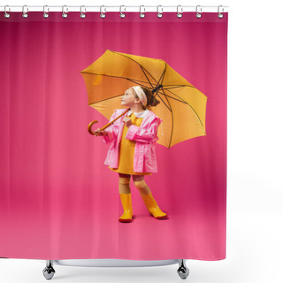 Personality  Full Length Of Positive Girl In Raincoat Standing Under Yellow Umbrella On Crimson Shower Curtains